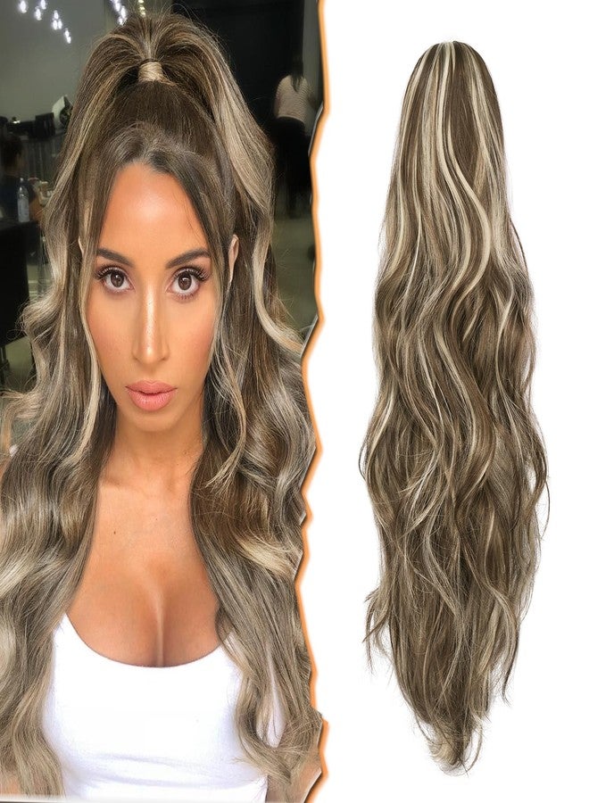 BARSDAR Claw Clip Ponytail Extension - 20 Inch Wavy Highlight Ponytail Hair Extensions for Women - Synthetic Claw Clip in Pony Tail Hairpieces Daily Party - Brown & Ash Blonde Highlights - Image 1